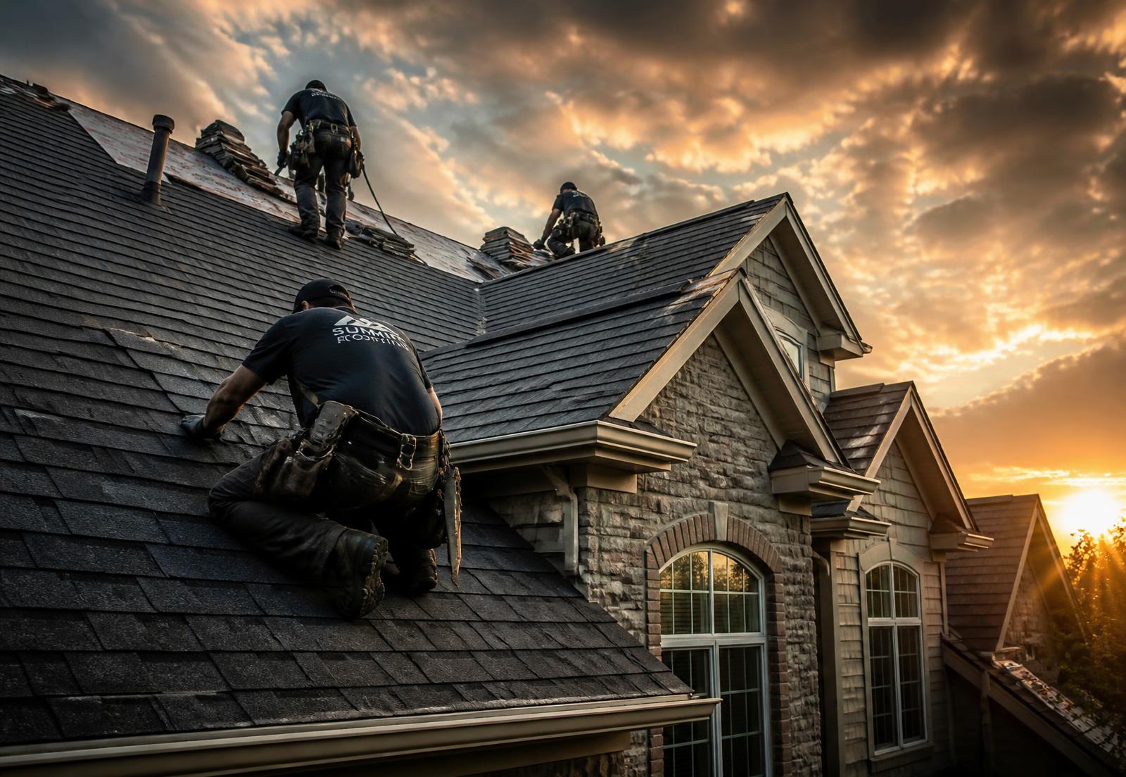 Fox Roofing crew installing architectural shingles at sunset